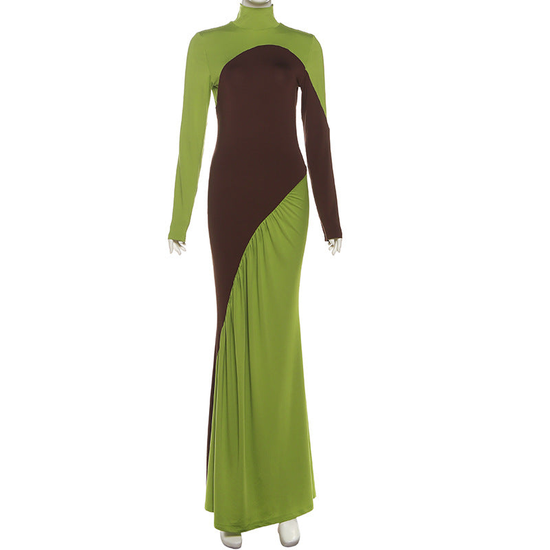 MB1515 Color Block Turtleneck Maxi Dress