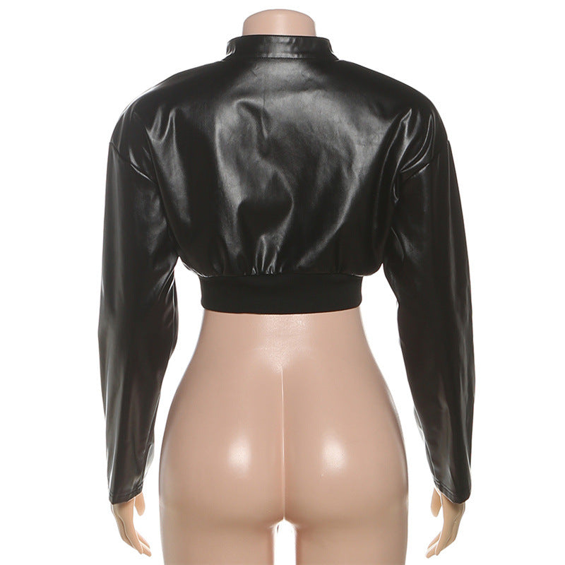 MB1106 Black Cropped PU Leather Bomber Jacket