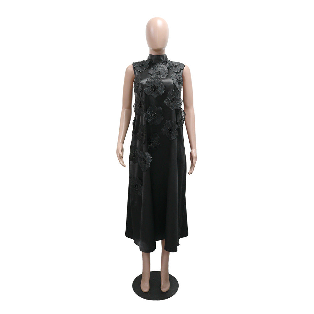 MB1215 Satin Sleeveless Midi Dress with 3D Floral Embellishments