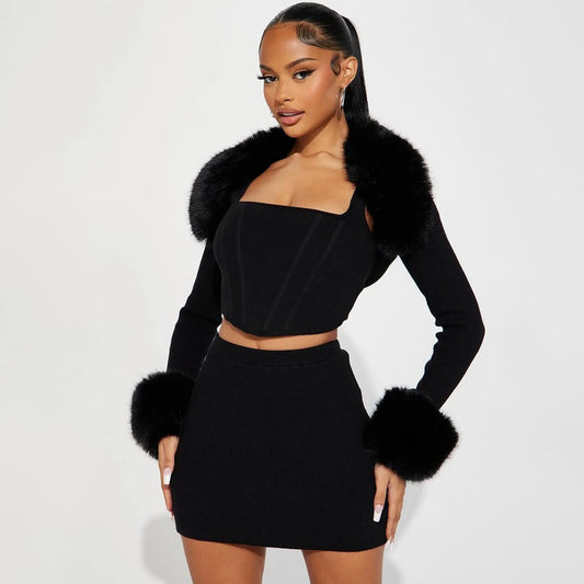MB1813 Women's Faux Fur 3-Piece Set Crop Top Mini Skirt Long Sleeve Shrug