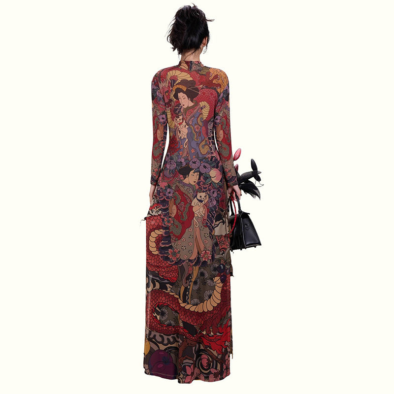 MB1837 Sexy High Neck Long Sleeve Sheer Maxi Dress with Japanese Ukiyo-e Dragon Print