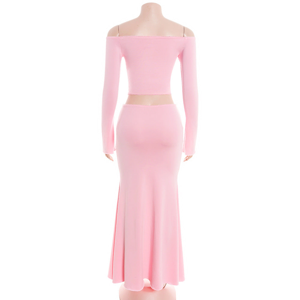 MB1322 Pink Long Sleeve Crop Top & Mermaid Maxi Skirt Set