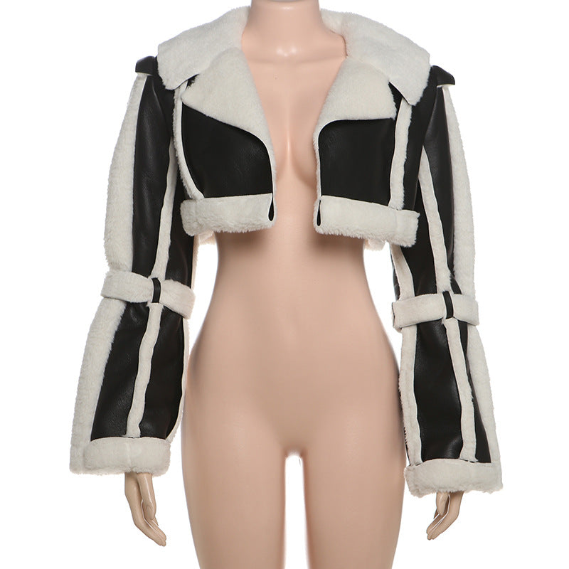 MB1133 PU Leather Shearling Collar Cropped Jacket