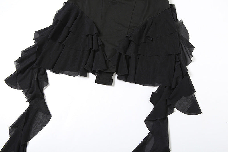 MB1318 Halter Neck Deep V Mesh Ruffle Romper