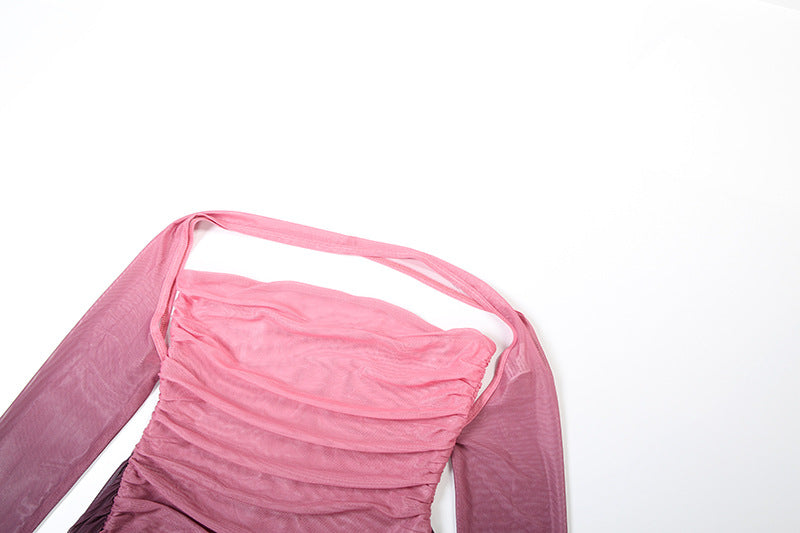 MB1809 Women's Pink-to-Red Gradient Ruched Mini Dress