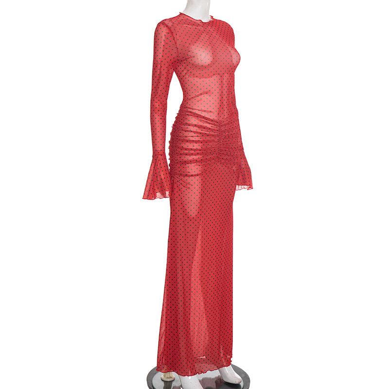 MB1417 Red Polka Dot Flared Sleeve Maxi Dress for Women