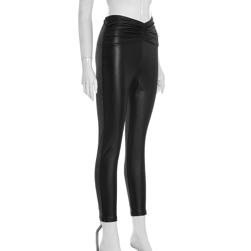 MB1089 Women's Faux Leather Ruched High Waist Pants