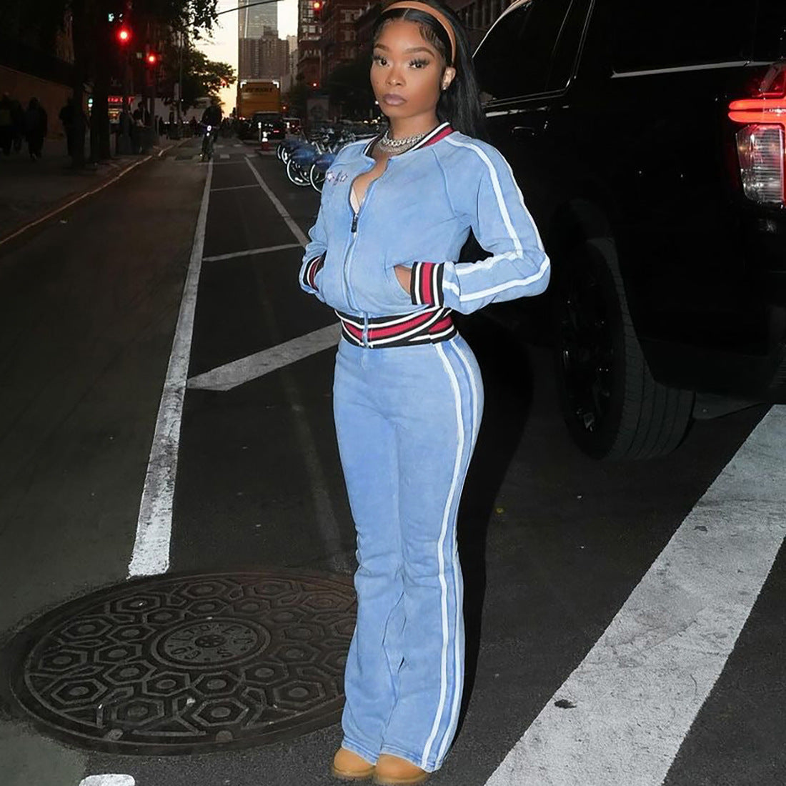 MB1526 Women's Sky Blue Acid Wash Velour 2 Piece Tracksuit