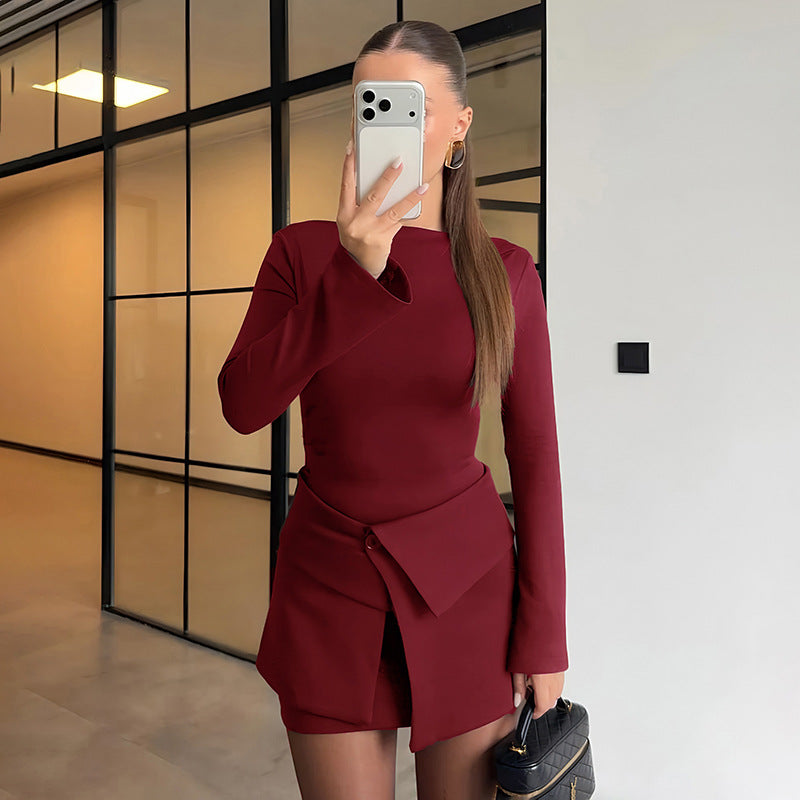 MB1454 Boat Neck Long Sleeve Dress & Wrap Mini Skirt 2 Piece Set