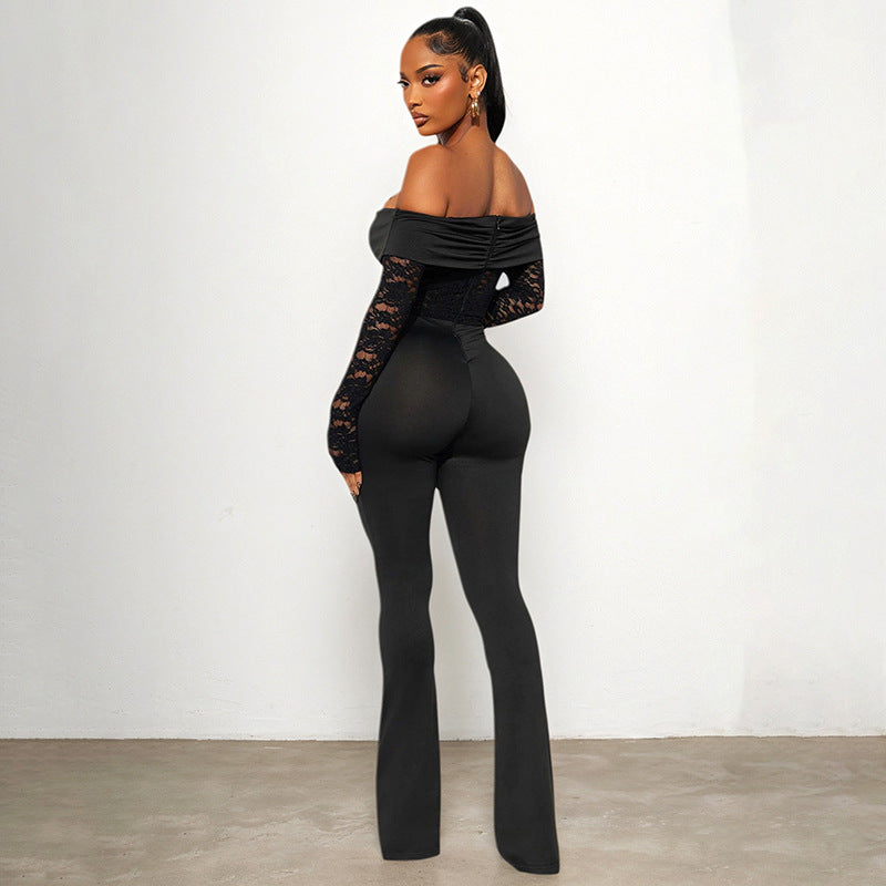 MB1420 Off-the-Shoulder Lace Flared Leg Jumpsuit for Women