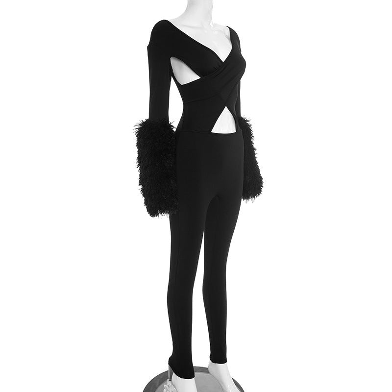 MB10139 Women’s Cutout Crisscross Faux Fur Cuff Jumpsuit