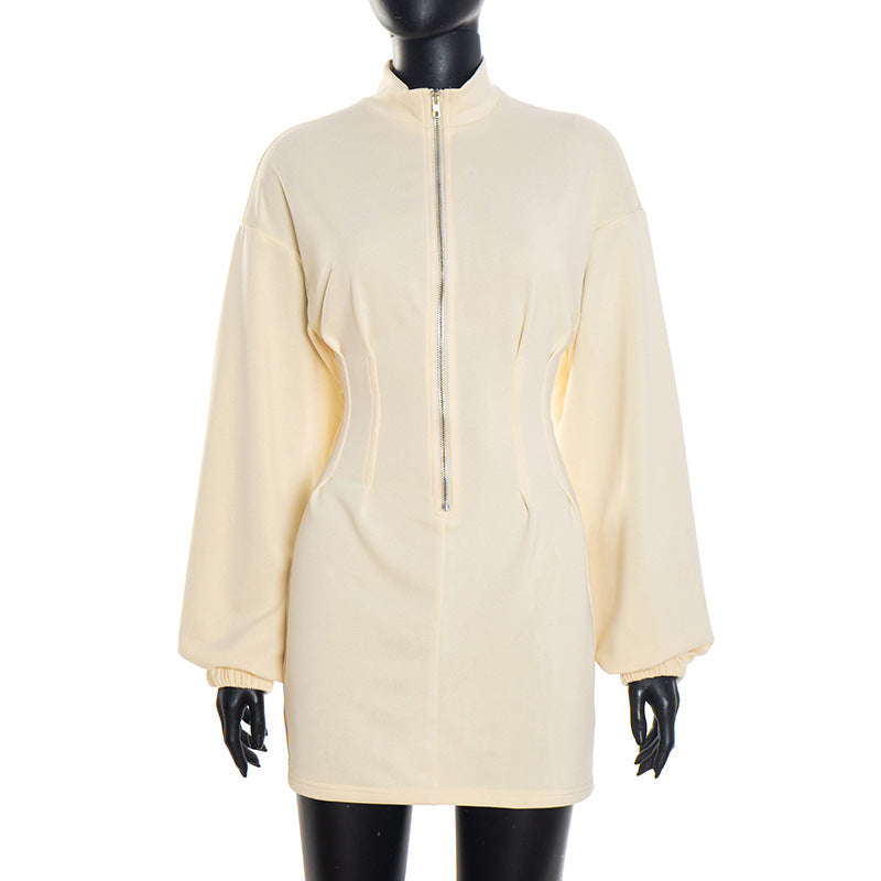 MB10107 Long Sleeve Stand Collar Waist-Cinched Hoodie Dress