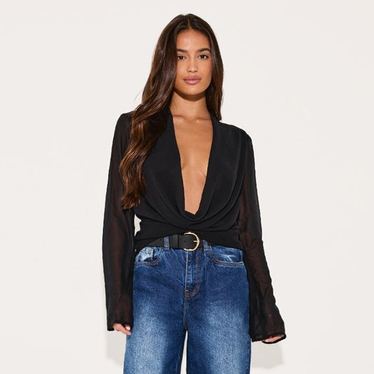 MB10104 Deep V-Neck Chiffon Long Sleeve Blouse for Women