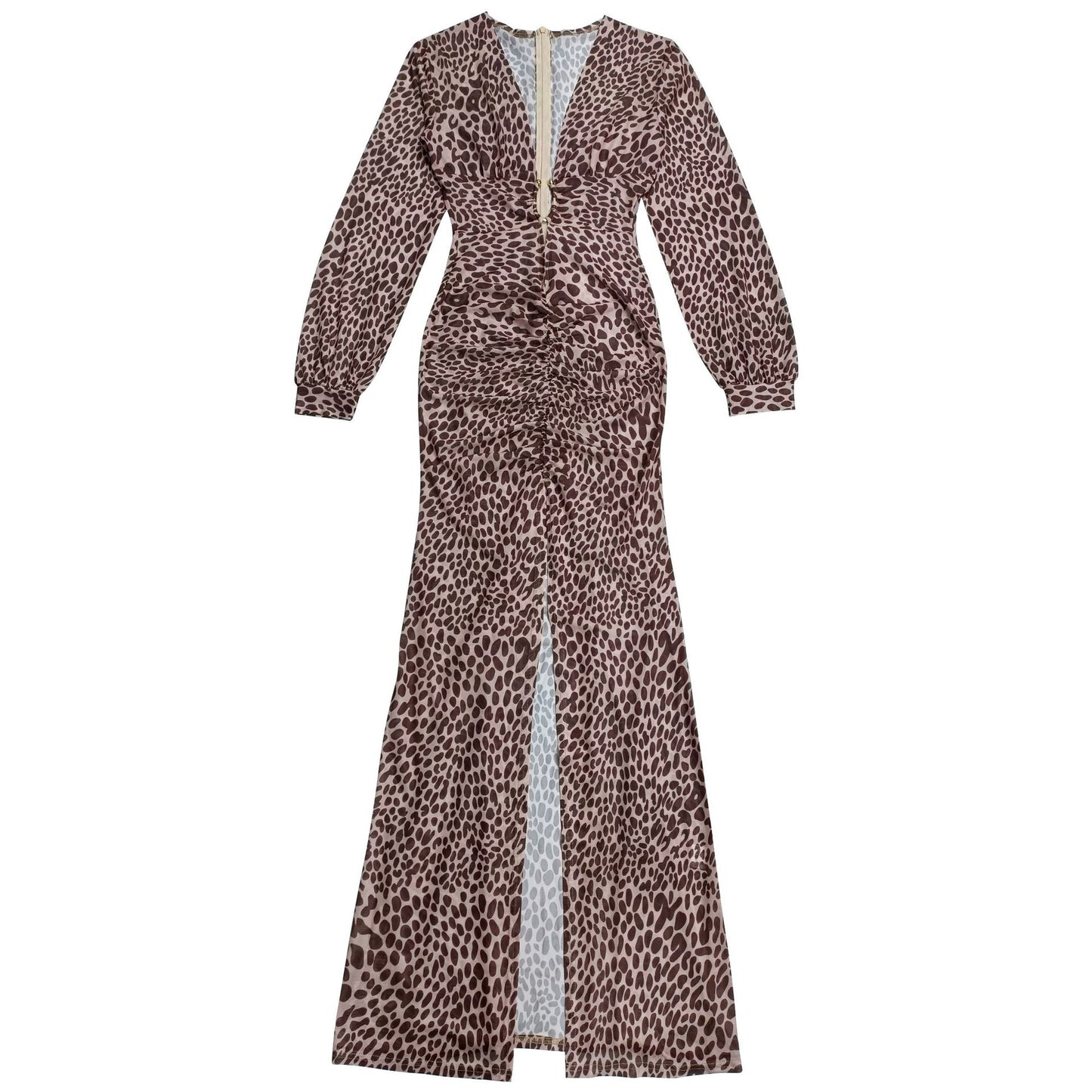 MB1602 Leopard Print Plunging V Side Slit Maxi Dress