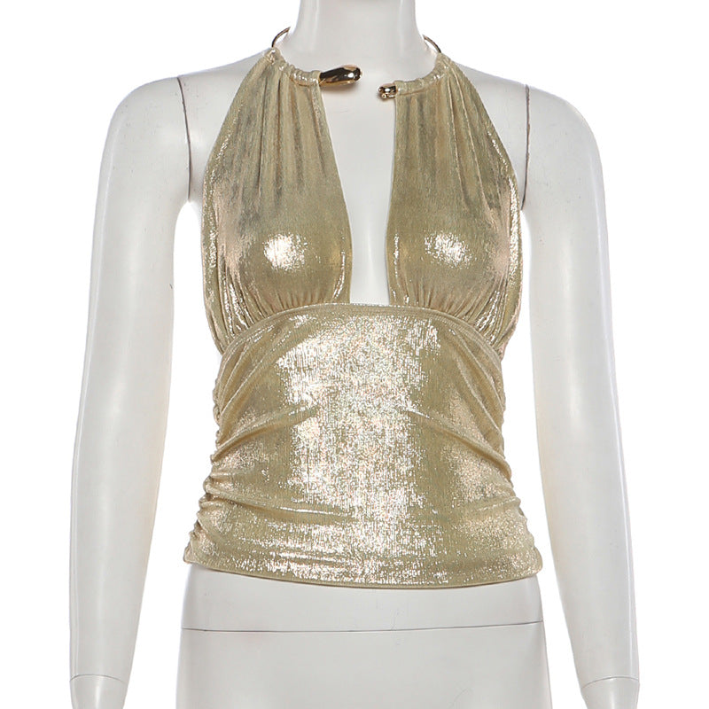 MB1161 Women's Gold Halter Neck Deep V Plunge Front Crop Top