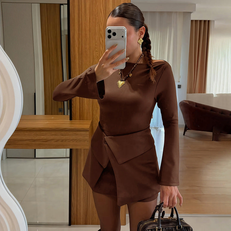 MB1454 Boat Neck Long Sleeve Dress & Wrap Mini Skirt 2 Piece Set