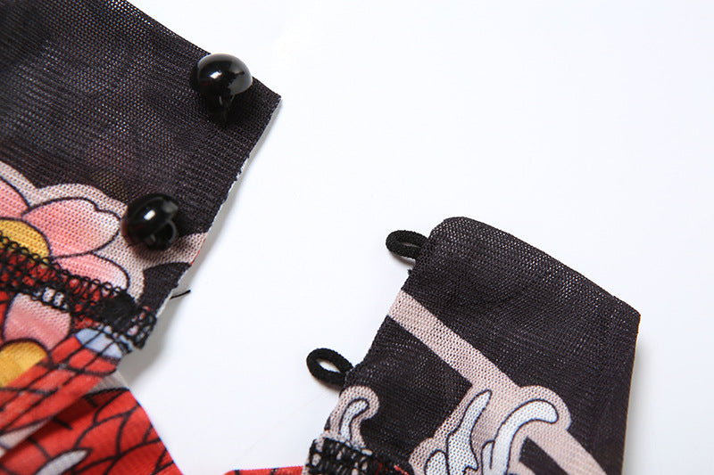 MB1112 Graphic Print Sheer Tight Backless Romper