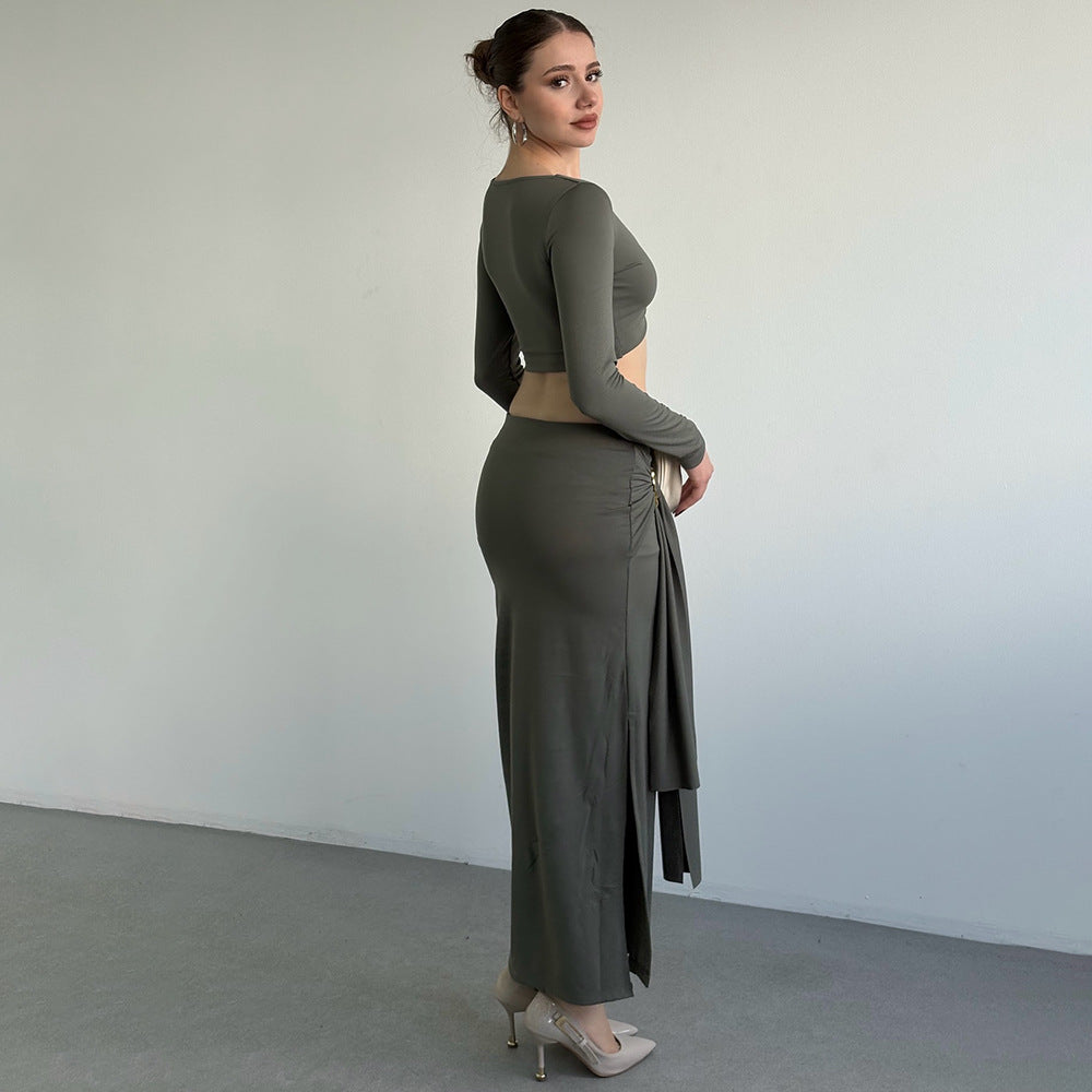 MB1319 Long Sleeve Crop Top & Maxi Skirt Two Piece Set
