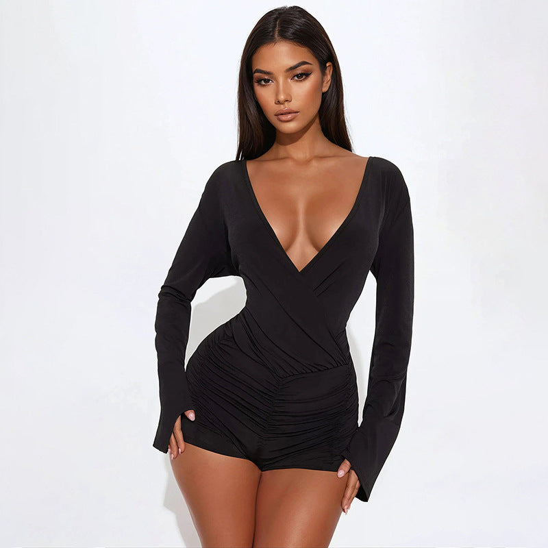 MB1451 Black Plunge V Neck Ruched Romper