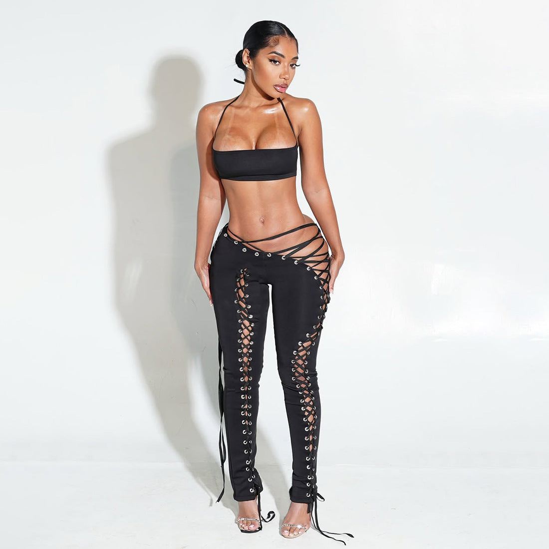 MB1807 Women's Nude Halter Bandeau Crop Top & Waist-Leg Lace-Up High-Waist Leggings Two-Piece Outfit
