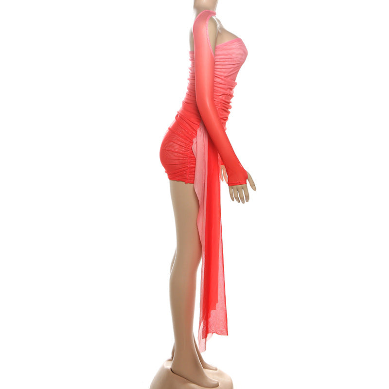 MB1809 Women's Pink-to-Red Gradient Ruched Mini Dress