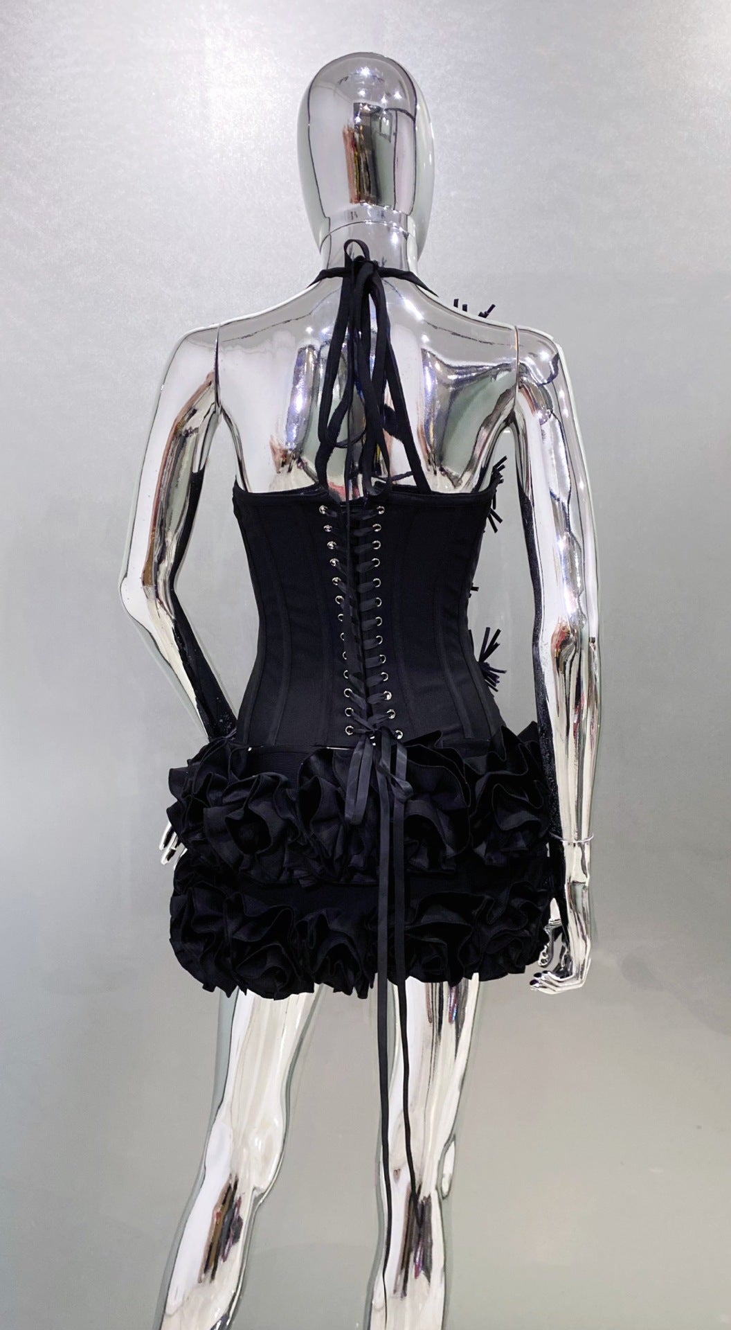 MB2110 3D Floral Ruffle Two‑Piece Bandage Set, Halter Top Mini Skirt utfit