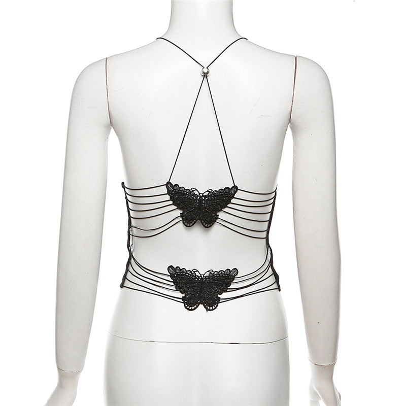 MB1834 Women's Sheer Mesh Butterfly Lace Backless Camisole Top