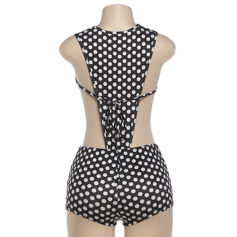 MB1156 Black White Polka Dot Cutout Bodysuit & Shorts 2 Piece Set
