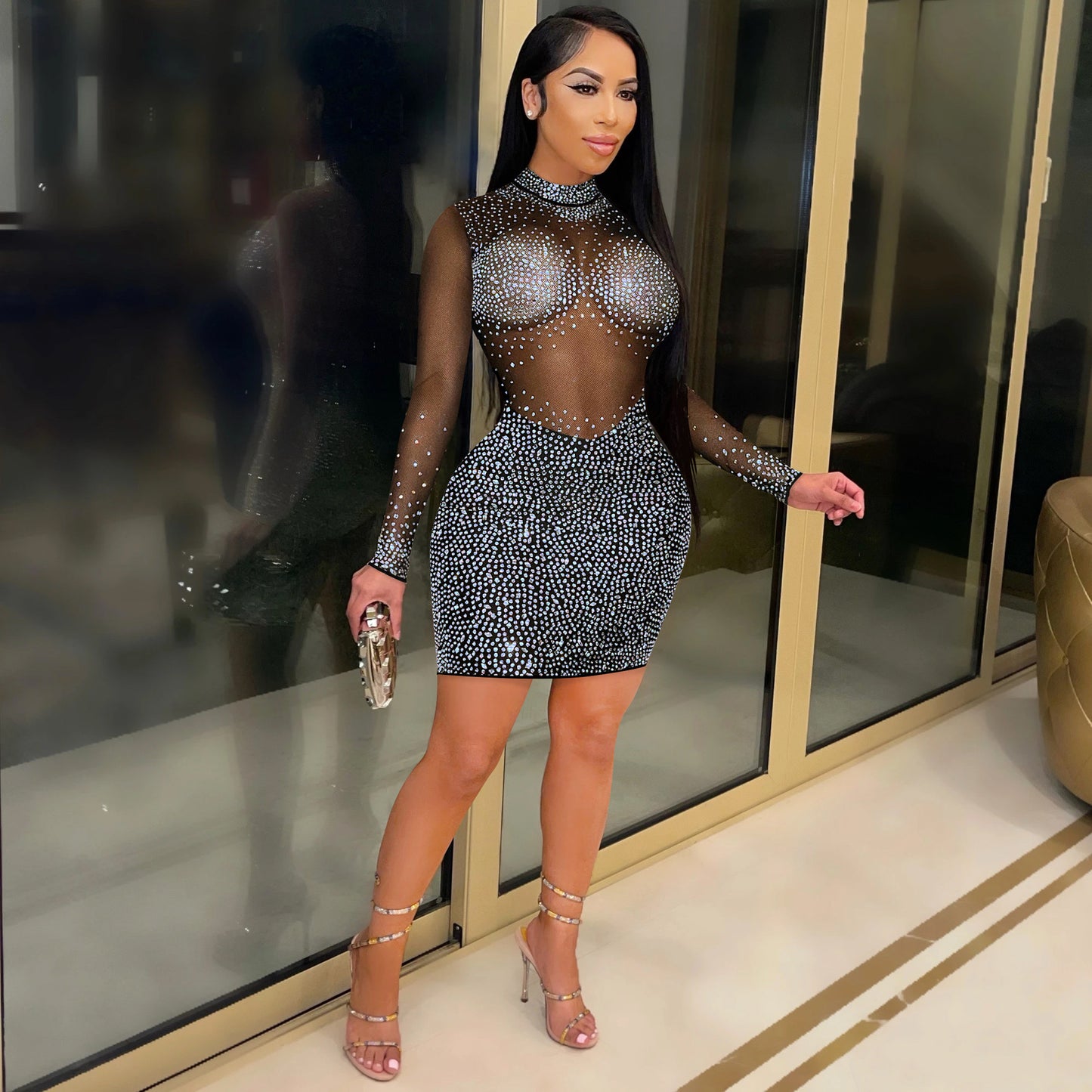 MB1606 Sheer Mesh Full Rhinestone Bodycon Mini Dress