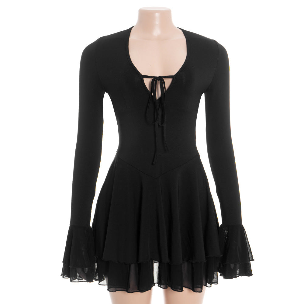 MB1321 Long Sleeve Tie-Front Mini Dress with Bell Cuffs