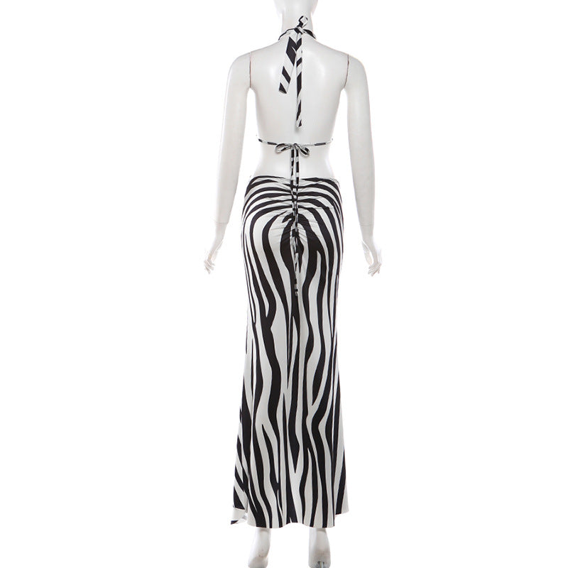 MB1163 Women's Zebra Print Halter Neck Two Piece Long Dress Set