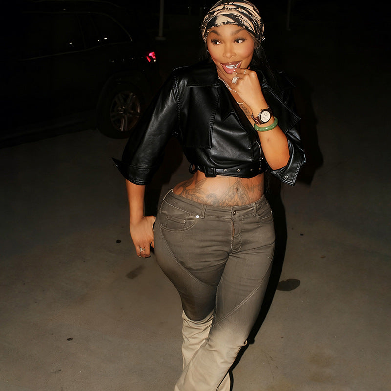 MB1528 Women's Faux Leather Low Neck Crop Jacket