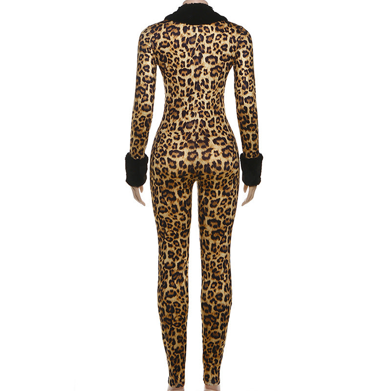 MB1512 Leopard Print Bodycon Jumpsuit - Black Faux Fur Collar & Cuff Trim