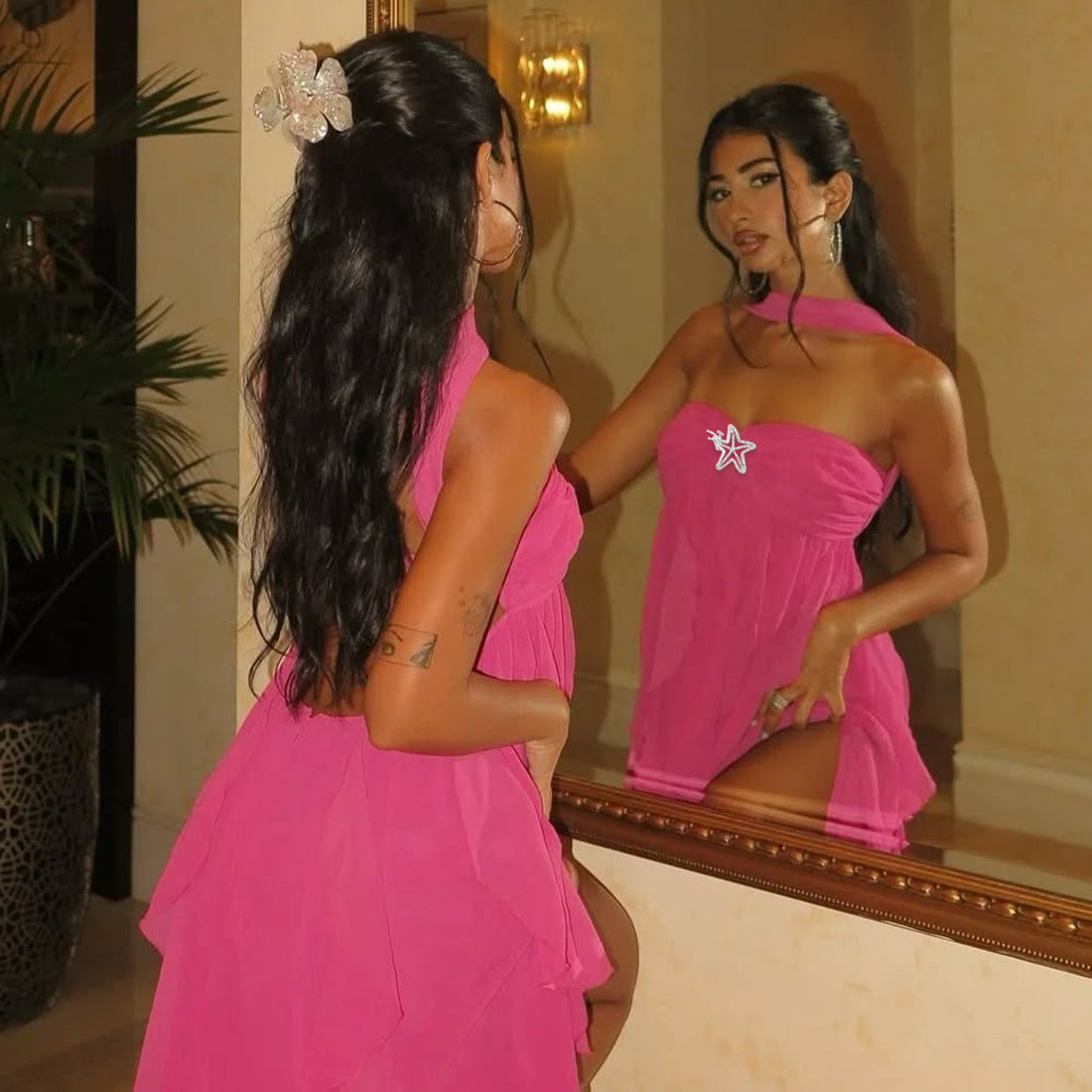 MB1113 Sexy Halter Backless Mini Dress with Ruffled Hem