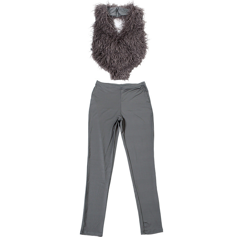 MB1801 Women's Faux Fur Trim Top & High Waist Leggings Two-Piece Outfit