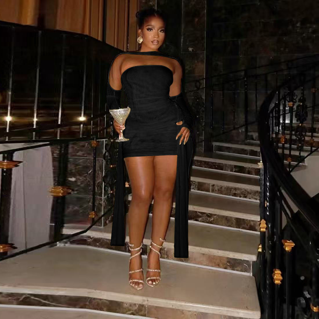 MB1808 Women's Ruched Tulle Sleeve Mini Dress