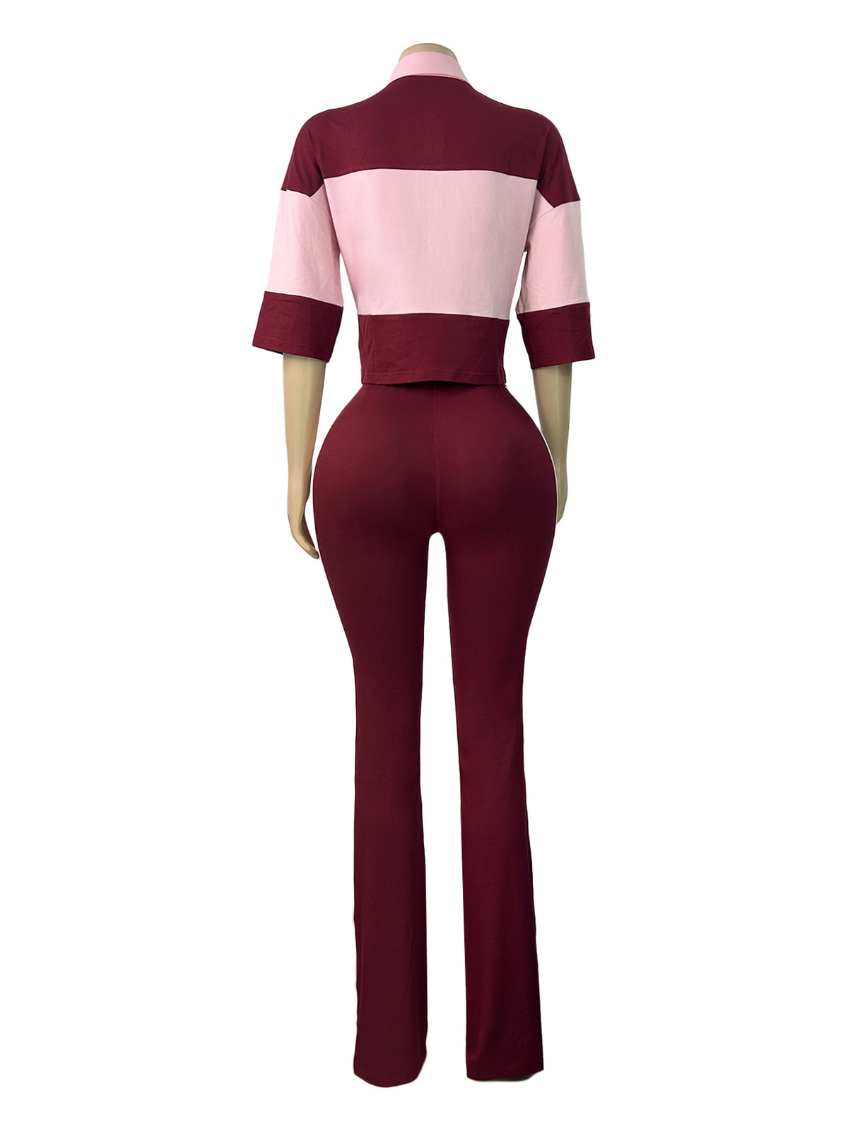 MB1736 Color‑Block Cropped Polo Top & Side‑Stripe Flare Pants 2‑Piece Set