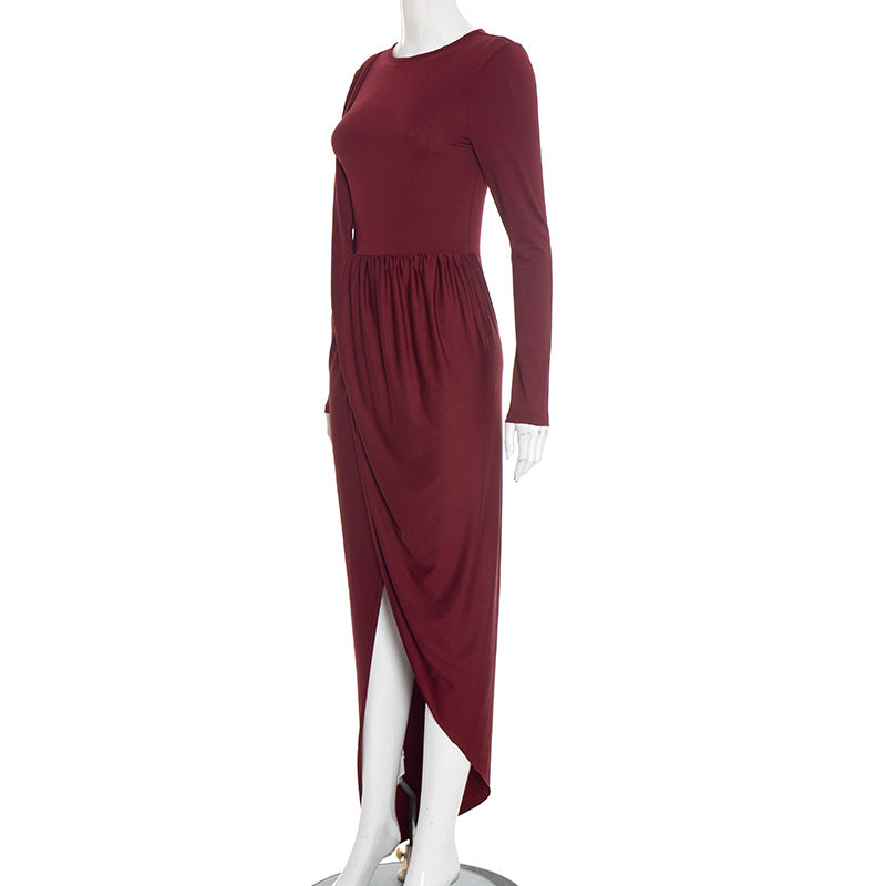 MB1402 Crew Neck Long Sleeve High Slit Maxi Dress