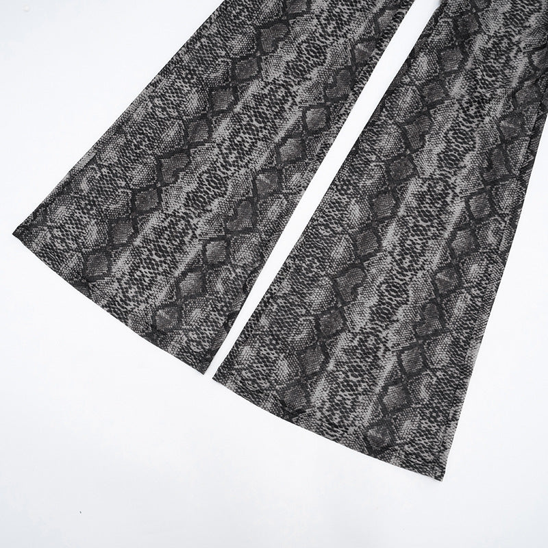 MB10109 Snake Print Mesh 2-Piece Set - Long Sleeve Top & Flared Pants