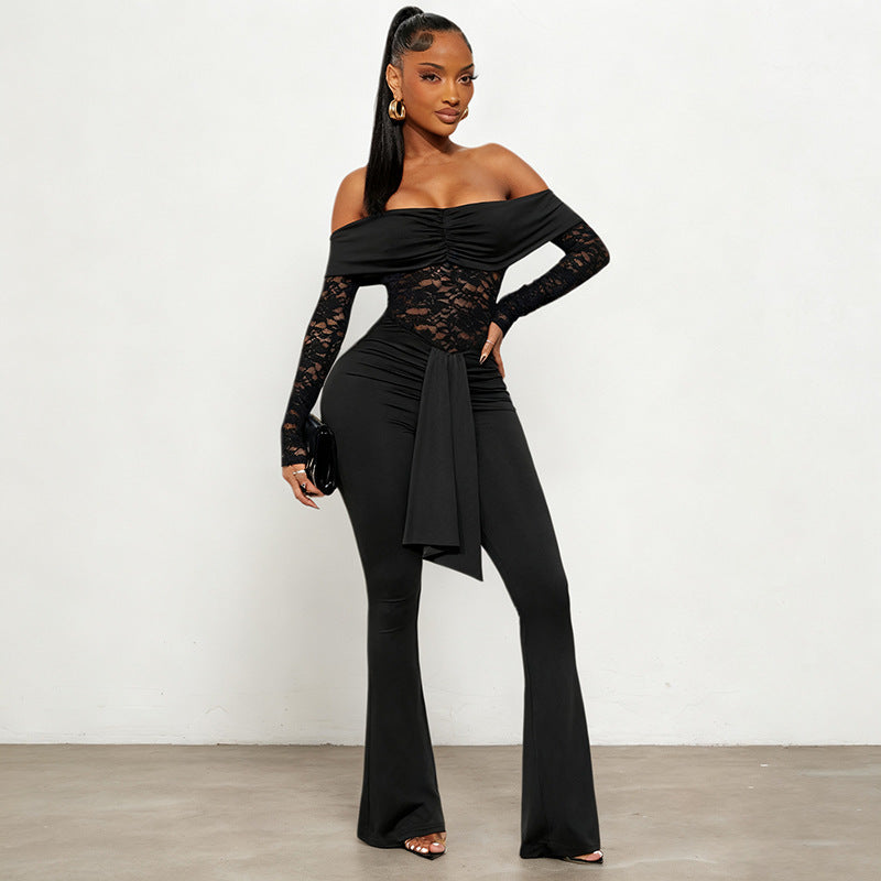 MB1420 Off-the-Shoulder Lace Flared Leg Jumpsuit for Women