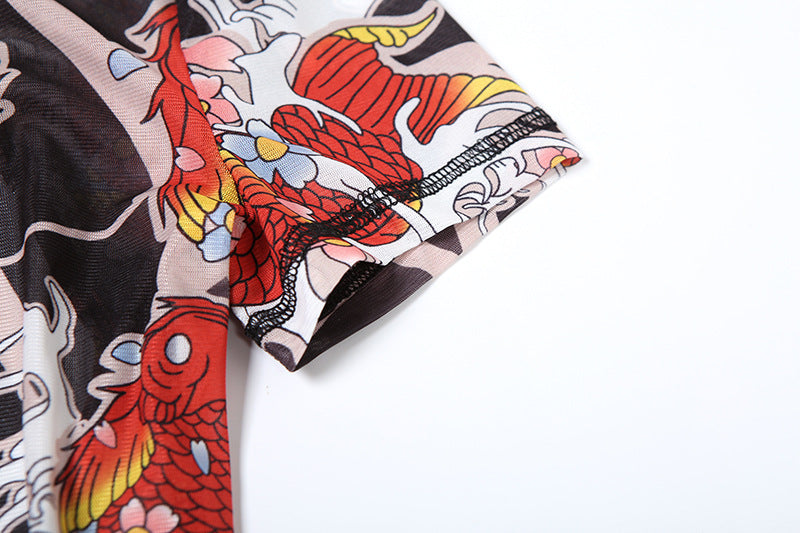 MB1112 Graphic Print Sheer Tight Backless Romper