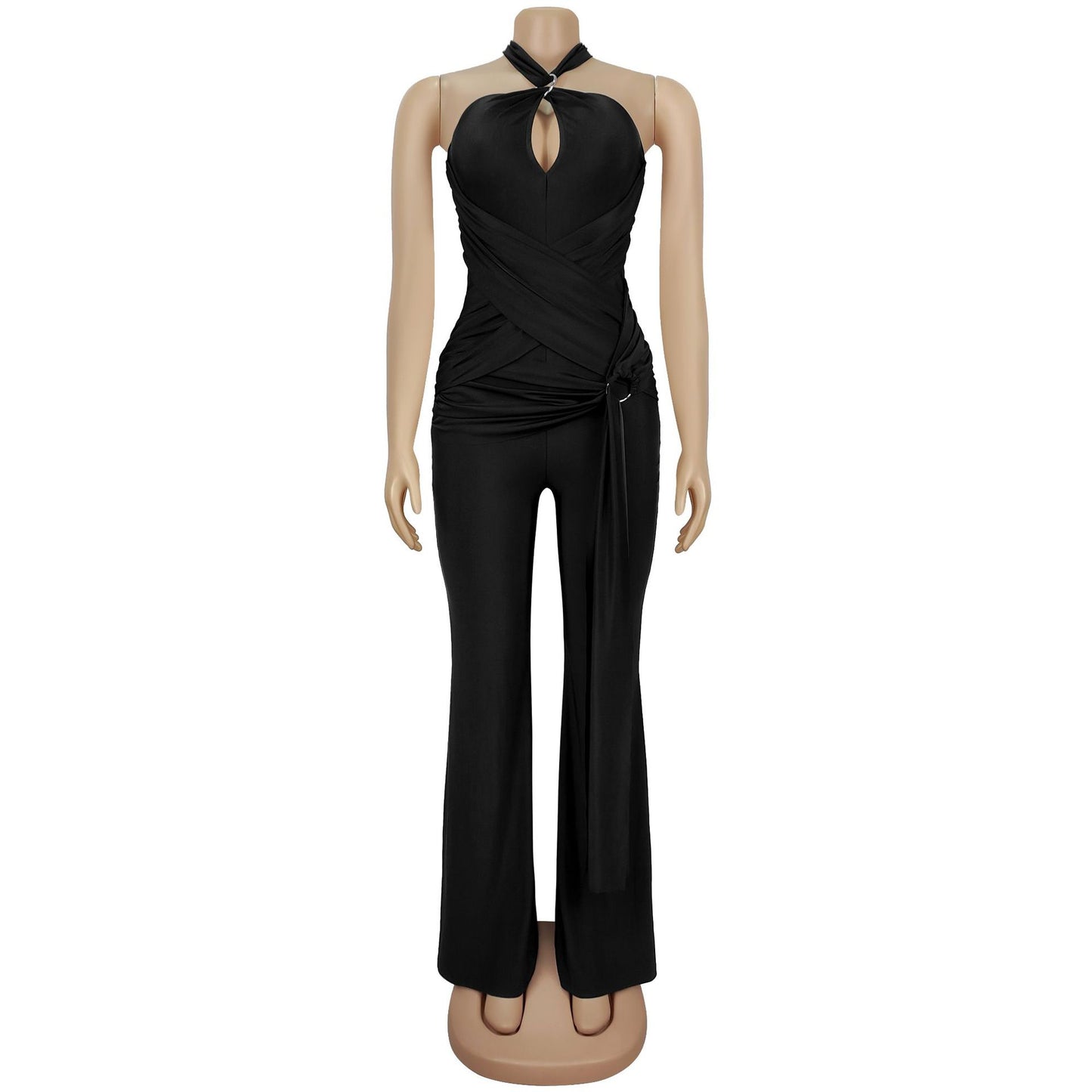 MB1603 Halter Formal Jumpsuit - Cutout Chest Crisscross Ruched Flared Leg