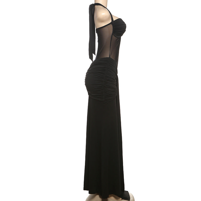 MB1816 Women's Sheer Mesh Halter Ruched Mermaid Maxi Dress