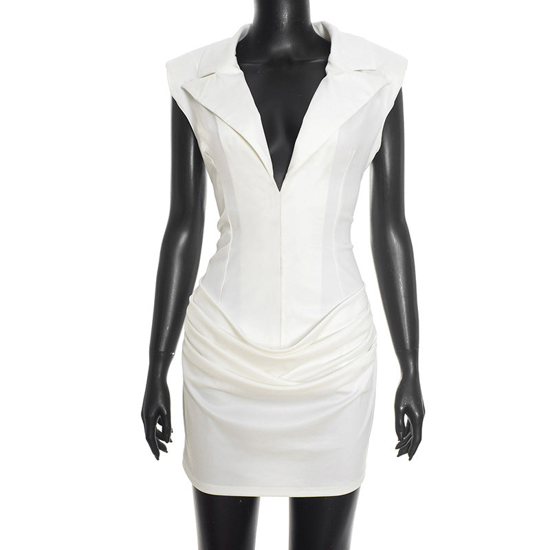 MB1452 Blazer Collar Sleeveless Ruched Mini Dress