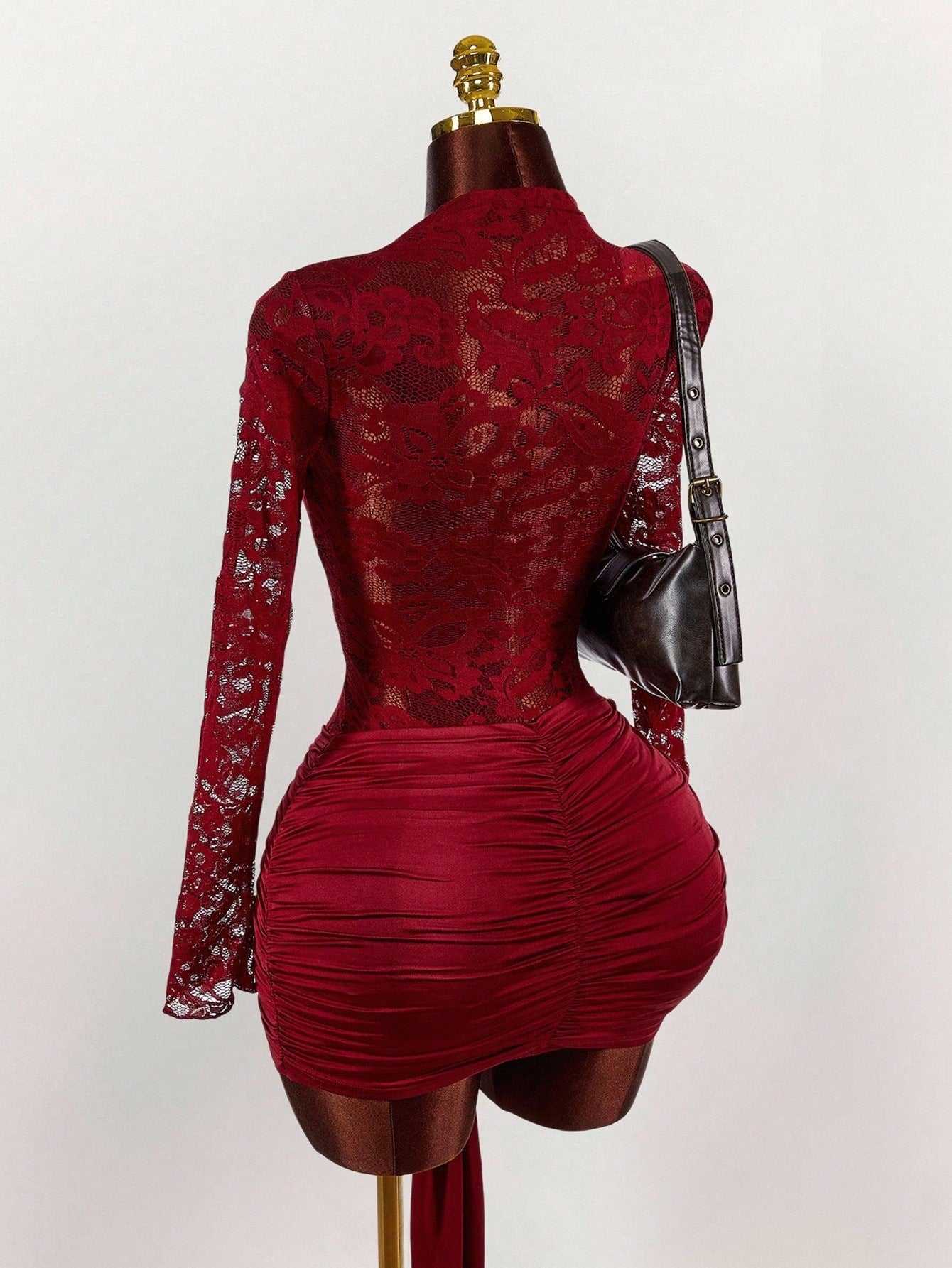 MB2004  White Lace Sheer Long Sleeve Bodycon Mini Dress - Ruched Draped Party Dress for Women 