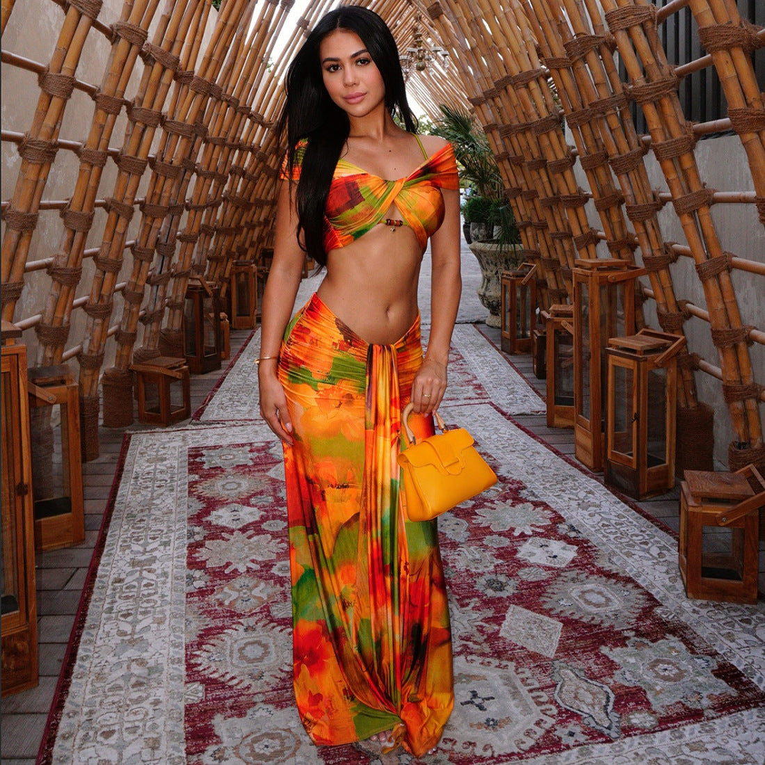 MB1833 Women's Off Shoulder Two Piece Maxi Skirt Set