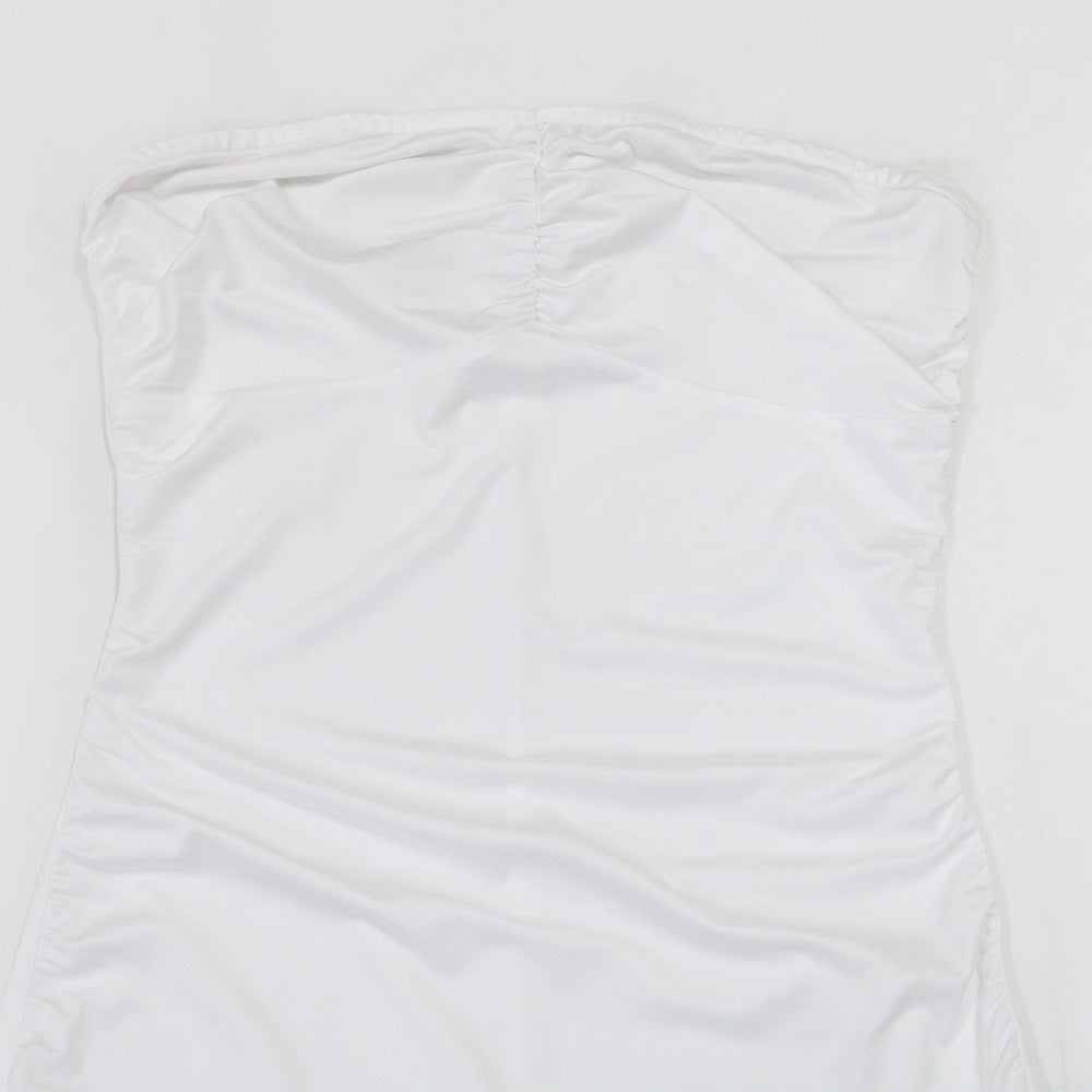 MB1228 White Strapless Ruffle High Low Bodycon Mini Dress | Ruched Party Dress