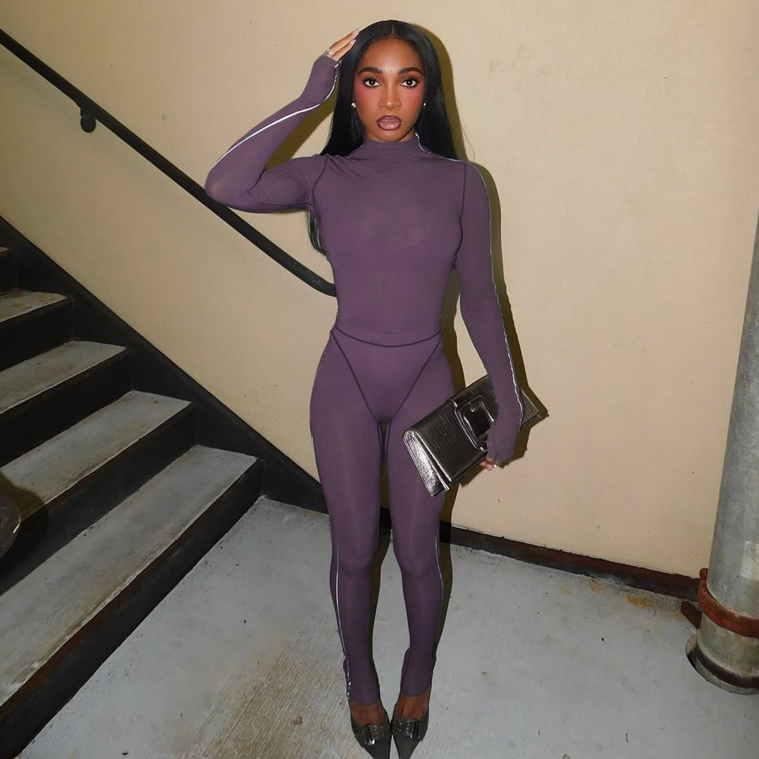 MB1804 Women's Sheer Bodysuit & High-Waist Leggings Two-Piece Outfit