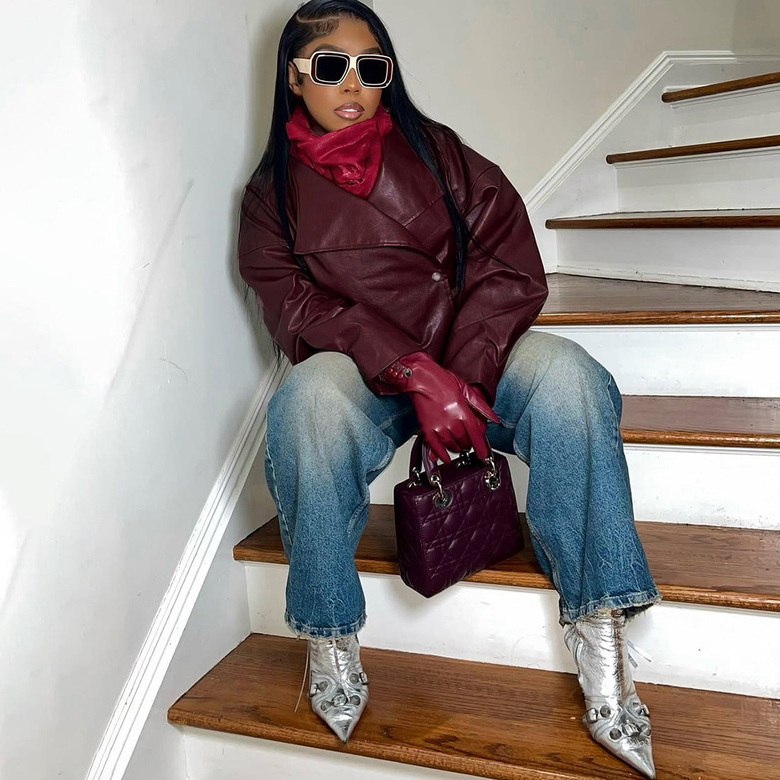 MB1131 PU Leather Cropped Blazer for Women