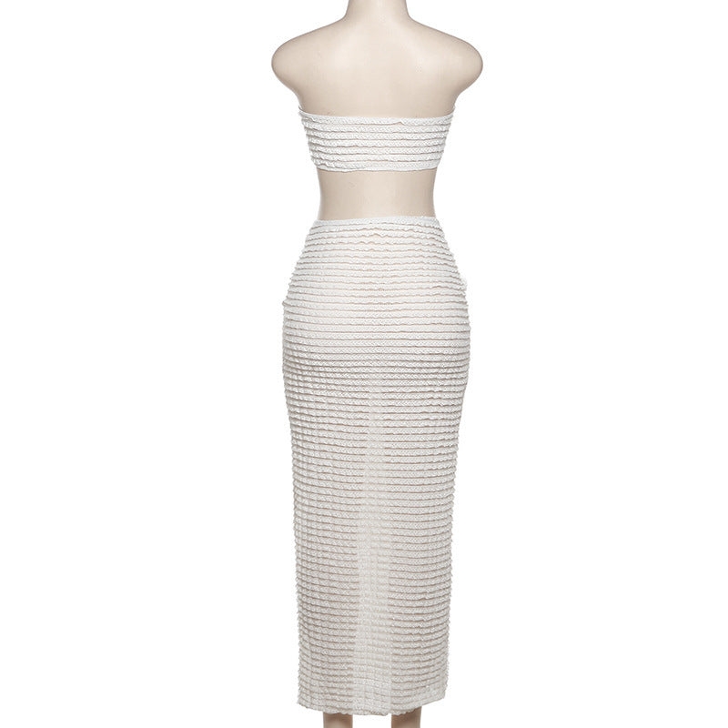 MB1835 Women's Ruched Knit Wrap Front Two Piece Maxi Skirt Set